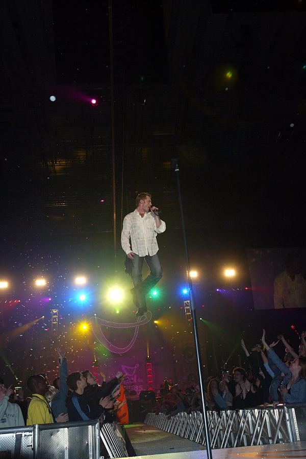 6/12/02.    Ronan Keating does his peter pan impression  at the Capital FM Christmas Live at Earls Court
