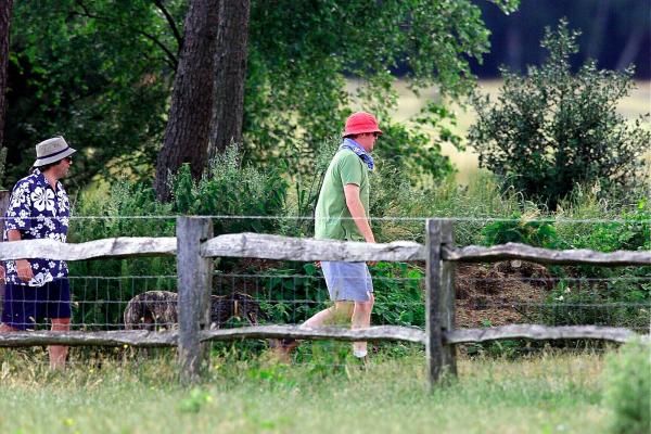 30/06/01 Chris Evans and Danny Baker return from walking Chris’ dogs in the grounds of Hascombe Court, Hascombe, Surrey