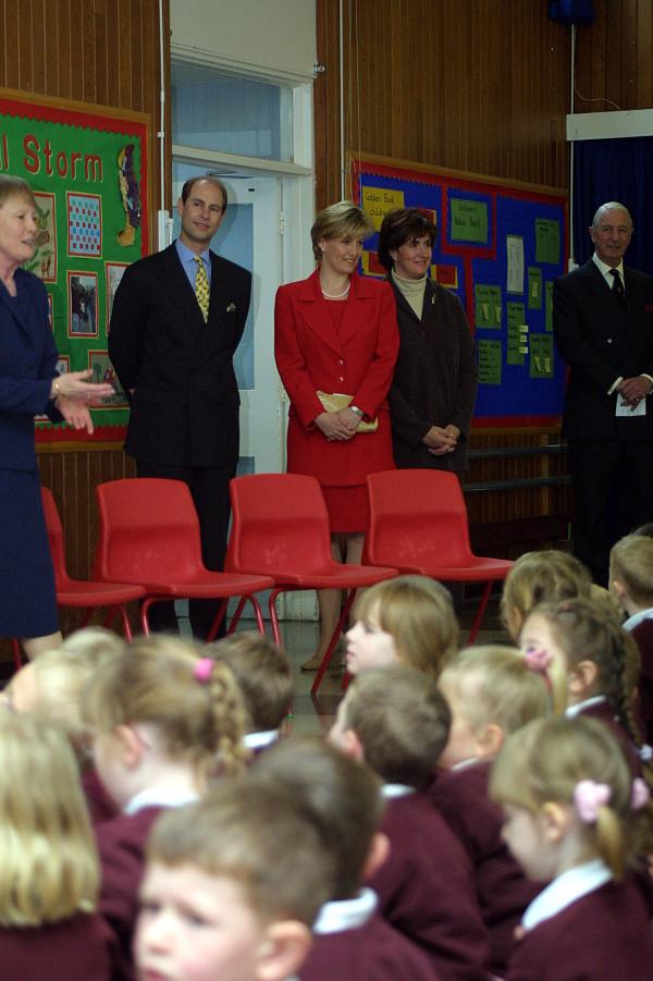 HRH Edward and the Countess of Wessex Sophie visit  a local Primary school in Heatherside, Camberley