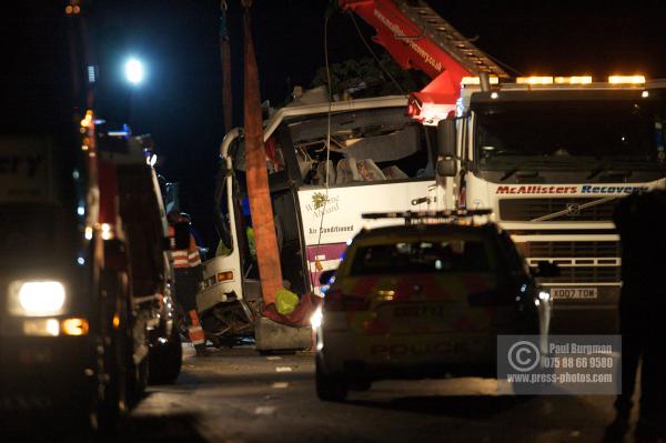 11th September 2012.     
Recovery of the Coach involved in a fatal accident on the A3 south of Guildford, taking festival goers back to Merseyside