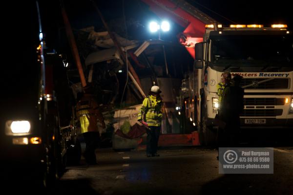 11th September 2012.     
Recovery of the Coach involved in a fatal accident on the A3 south of Guildford, taking festival goers back to Merseyside