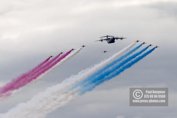 16/07/2016. Farnborough International Airshow. A400M with the Red Arrows