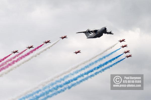 16/07/2016. Farnborough International Airshow. A400M with the Red Arrows