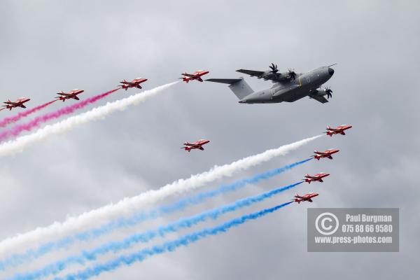 16/07/2016. Farnborough International Airshow. A400M with the Red Arrows