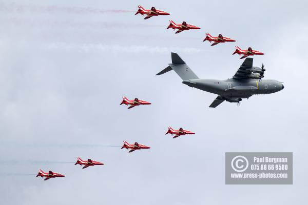 16/07/2016. Farnborough International Airshow. A400M with the Red Arrows