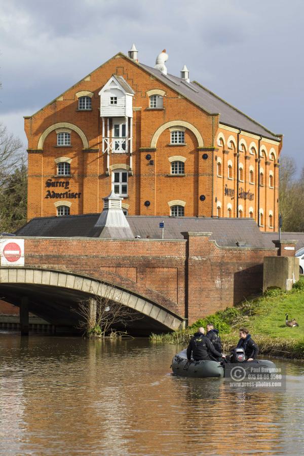 30/03/2016.Police search near the Surrey Advertiser's Mill HQ, Guildford, Kayaker missing in River Wey named as 56-year-old Grant Broster.  Surrey Police will continue to search the River Wey for a man whose kayak overturned on Monday 28th March.
