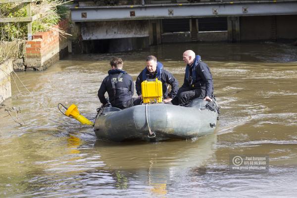 30/03/2016.Police search near the Surrey Advertiser's Mill HQ, Guildford, Kayaker missing in River Wey named as 56-year-old Grant Broster.  Surrey Police will continue to search the River Wey for a man whose kayak overturned on Monday 28th March.