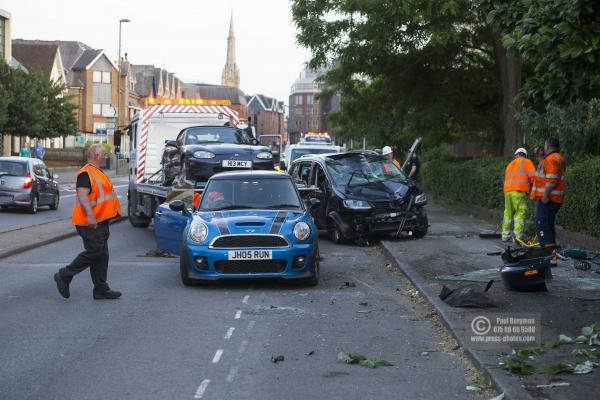 14/06/2017. Scene of car crash,Scene of a crash involving an Arriva Sinle Decker Bus & several vehicles in Woodbridge Road, Guildford