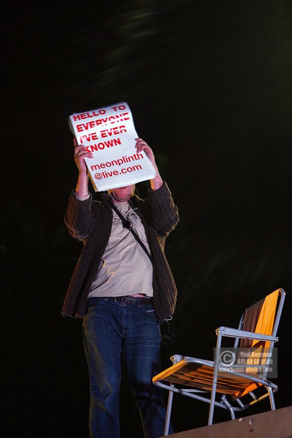 8 July 2009. 

Mark Wightwick a designer from Tooting, On the Fourth Plinth Saying Hello to everyone he has ever met. 0200-0300hrs
 Paul Burgman 075 88 66 9580