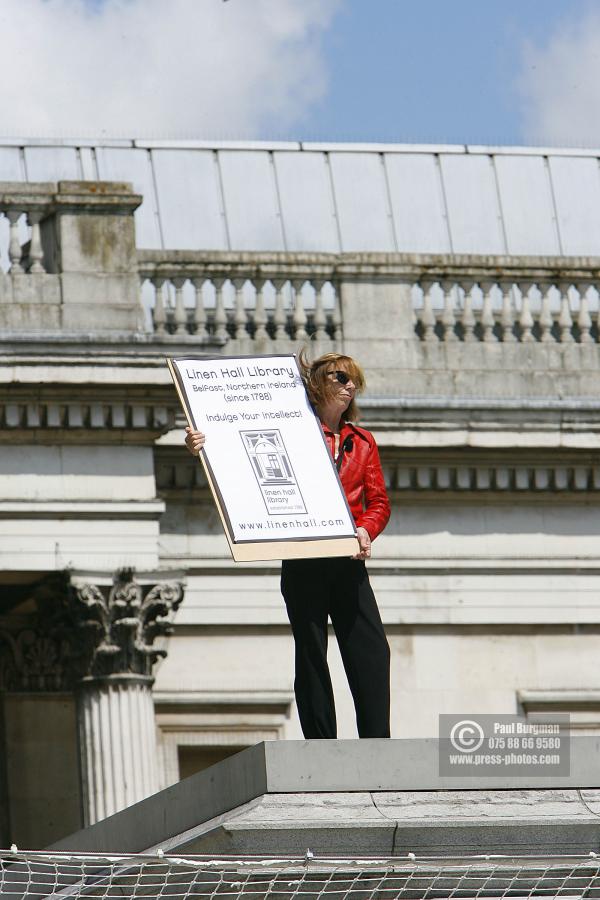 10 July 2009. 
GRACE McGRATH (60) a Public Record Archivist from Belfast, Northern Ireland, campaigned for the  Linen Hall Library (the oldest Library in Belfast). on the Fourth Plinth from 1200hrs to 1300hrs, 

 Paul Burgman 075 88 66 9580