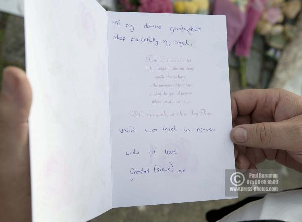 11/08/2012 The card that the a man believed to Tia's grand father left, before he shouted as he left "My grand-daughters death Will be revenged, He will die in prison" at Tia Sharp's grandparents house, in The Lindens, New Addington, Croydon