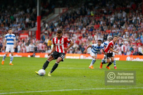 21/04/2018. Brentford v Queens Park Rangers SkyBet Championship Action from Griffin Park.  Brentford's Ollie WATKINS penalty saved