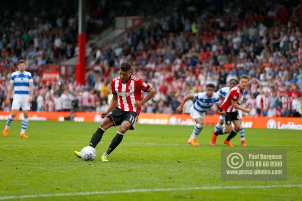 21/04/2018. Brentford v Queens Park Rangers SkyBet Championship Action from Griffin Park.  Brentford's Ollie WATKINS penalty saved
