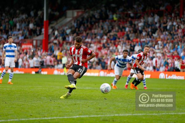 21/04/2018. Brentford v Queens Park Rangers SkyBet Championship Action from Griffin Park.  Brentford's Ollie WATKINS penalty saved