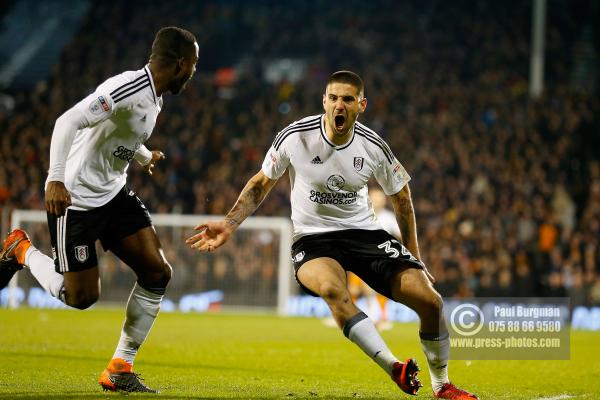 24/02/2018. Fulham v Wolverhampton Wanderers. Action from the SkyBet Championship at Craven Cottage as League leaders visit 5th place. Fulham’s Aleksandar MITROVIC celebrates