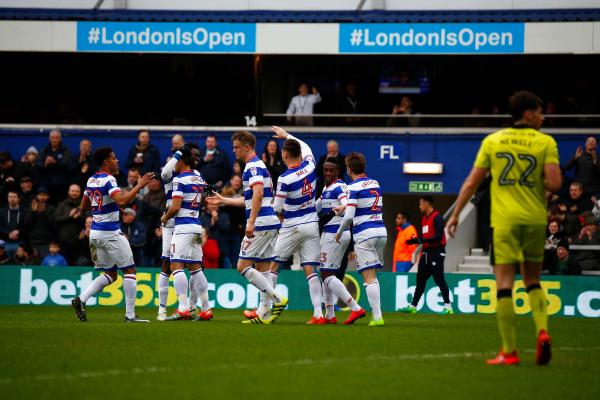 18/03/2017. QPR v Rotherham United. Action from the match. NGBAKOTO celebrates scoring from penalty spot